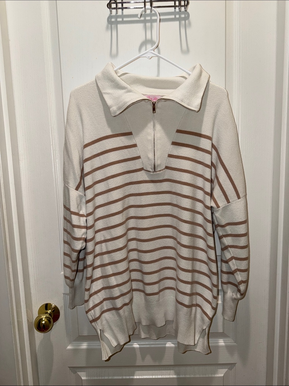 Pink Lily Cream & Taupe Striped Half-Zip Sweatshirt